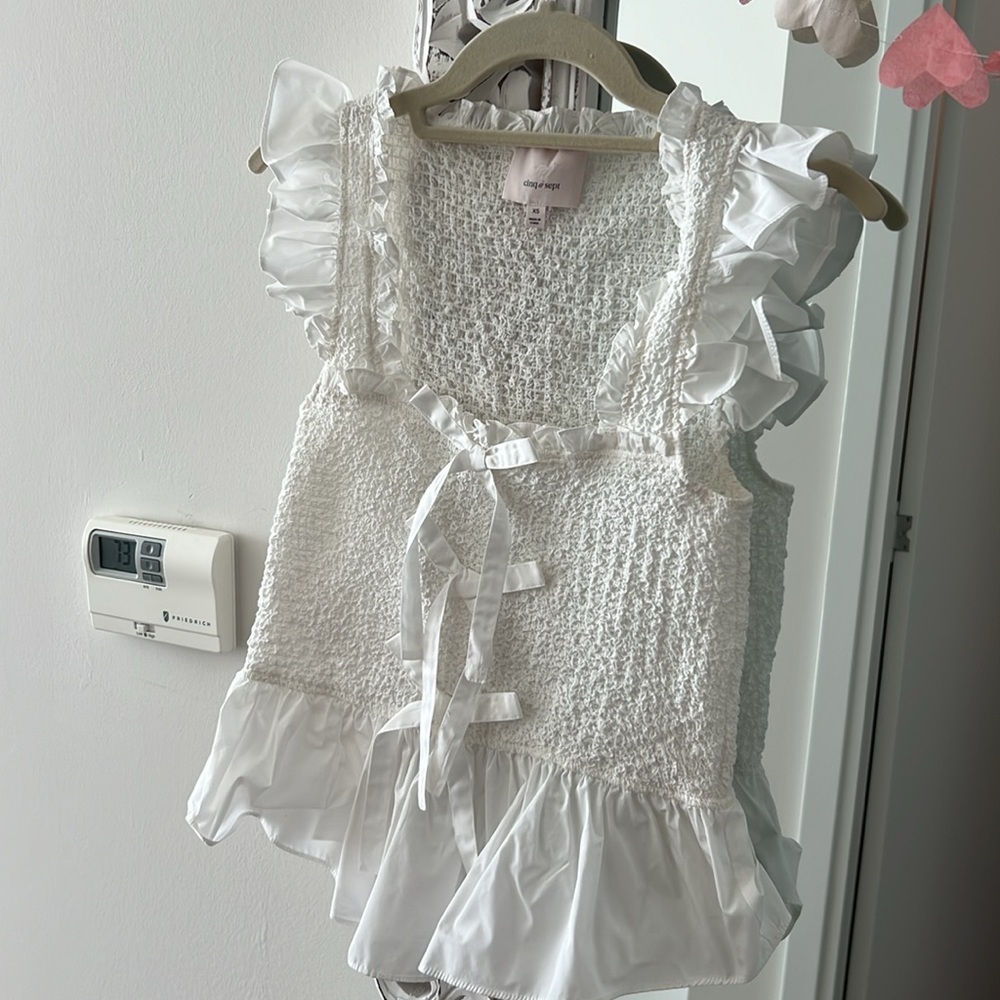 Cinq a Sept Smocked top with bows and ruffles